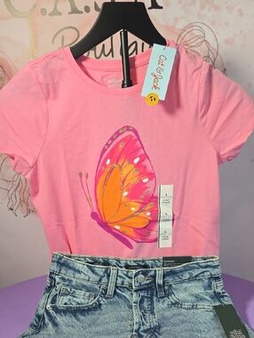 Set Cat & Jack Pink Short-Sleeve Butterfly Tee Sz L10/12 & Wild Fable Short Sz 0